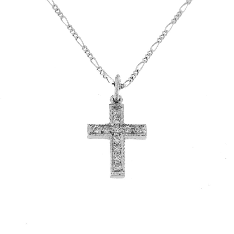 18ct White Gold Small Diamond Cross & Figaro Style Chain