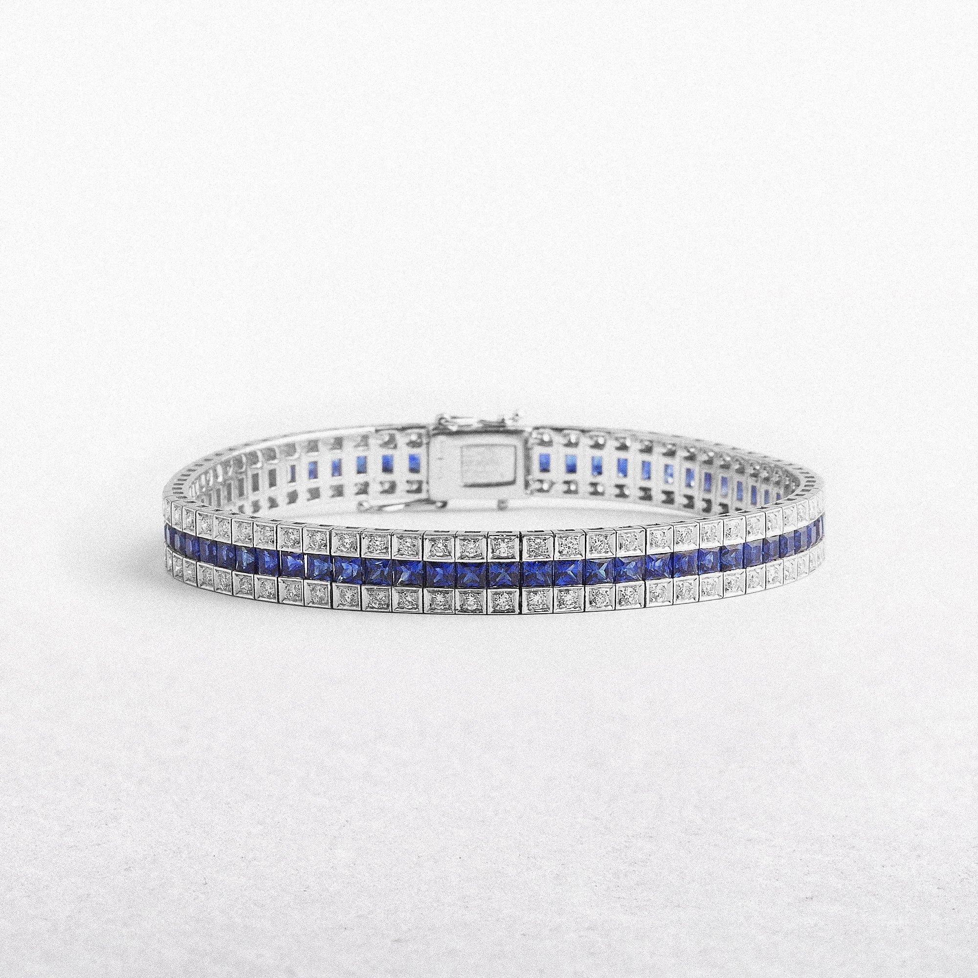 18ct White Gold Three Row Natural Sapphire and Diamond Art Deco Style Bracelet