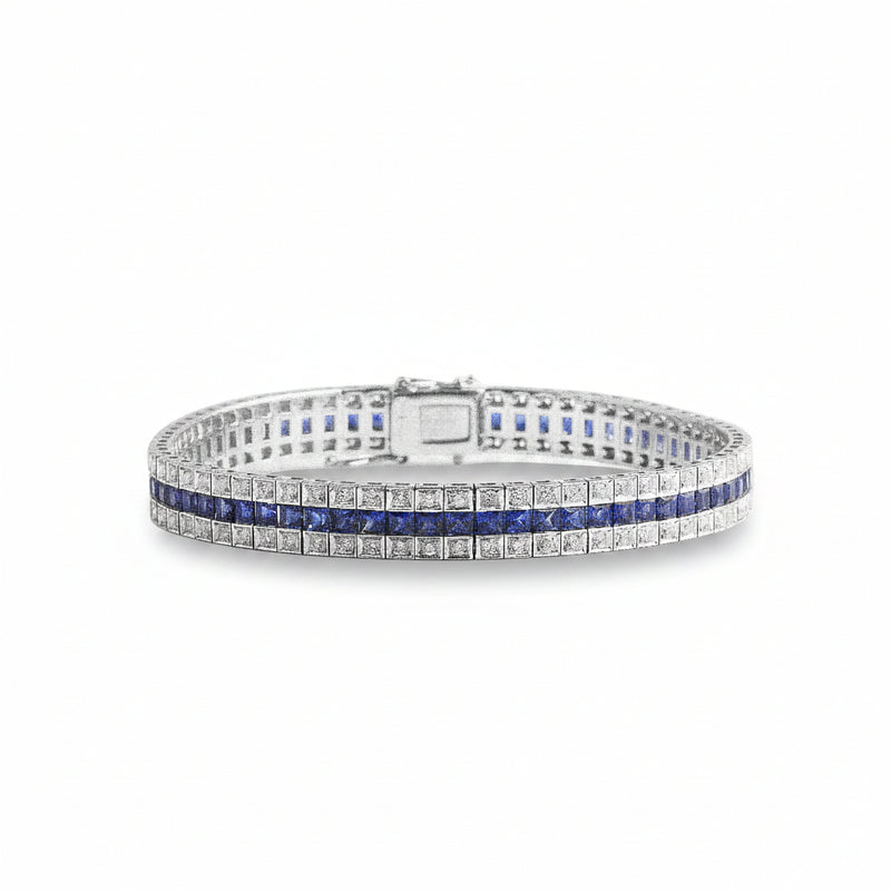 18ct White Gold Three Row Natural Sapphire and Diamond Art Deco Style Bracelet