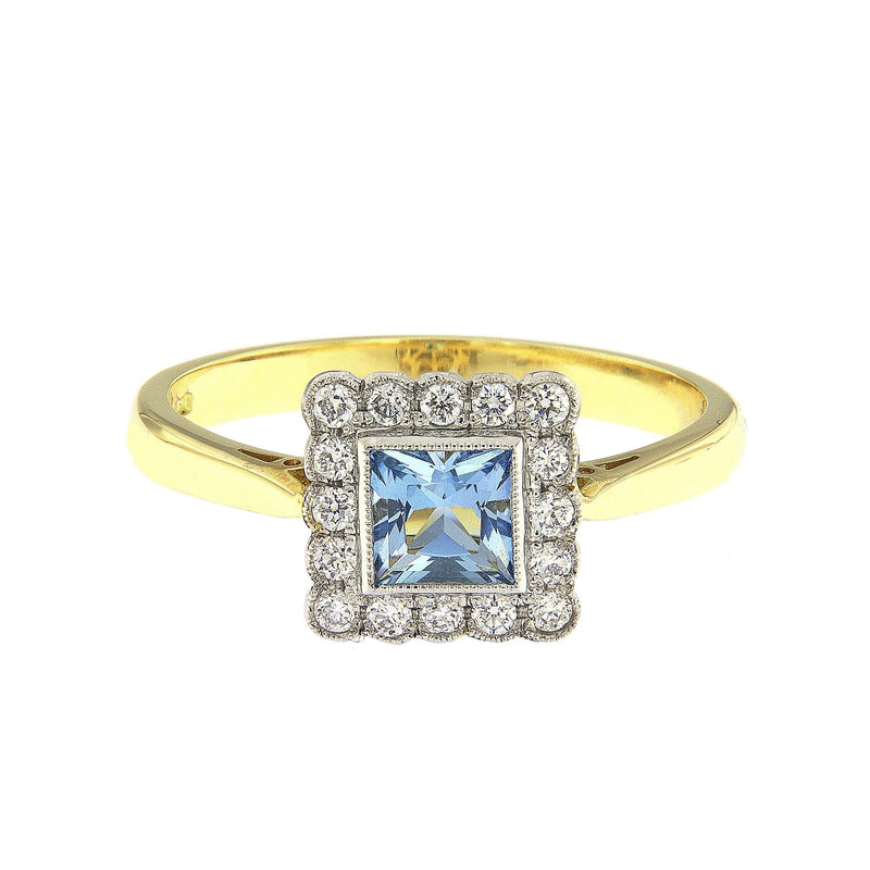 18ct Y/G and Plat Sq Aqua 0.44 and Diamond 0.20 Clust ring