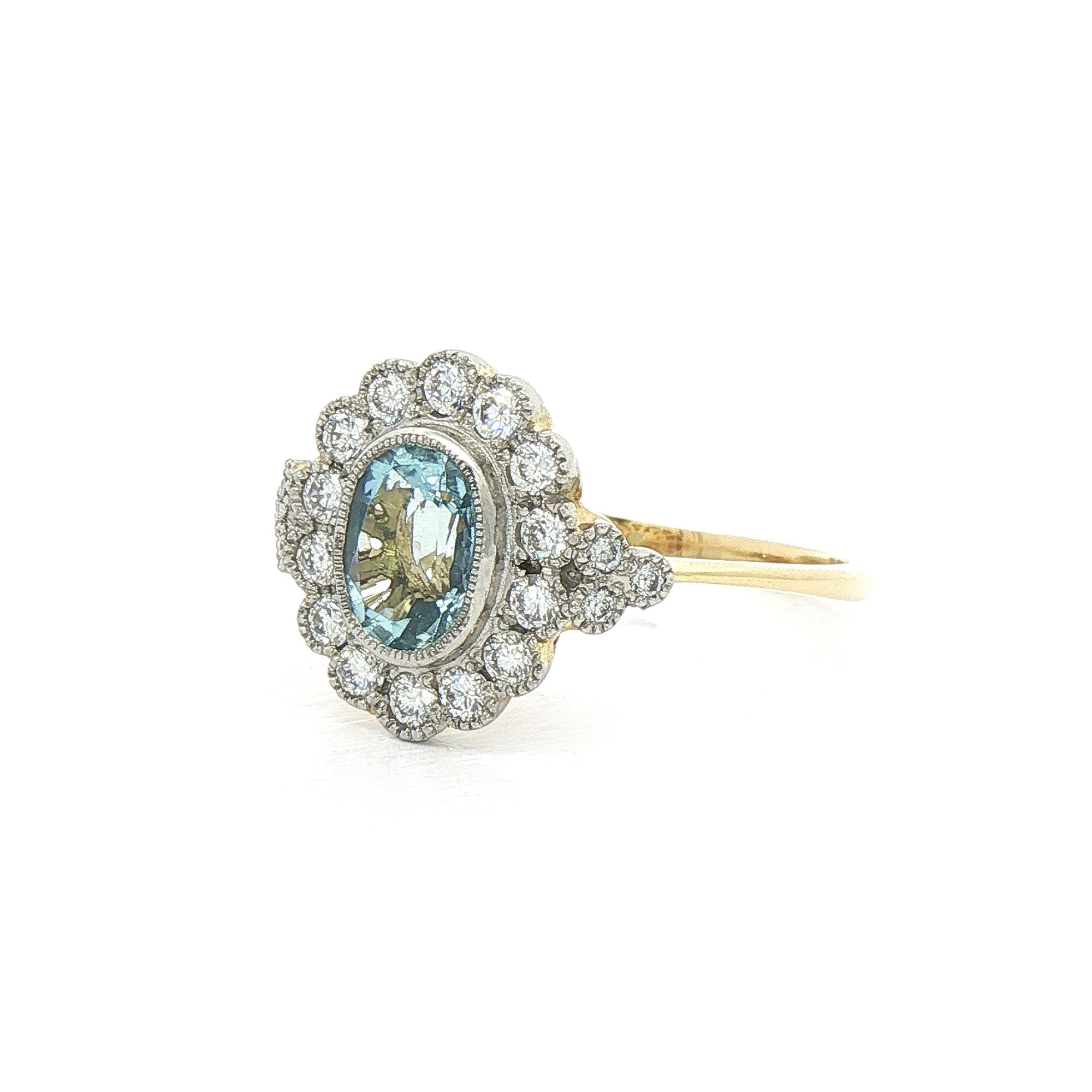 18ct Yellow Gold Aquamarine & Natural Diamond Cluster Dress Ring