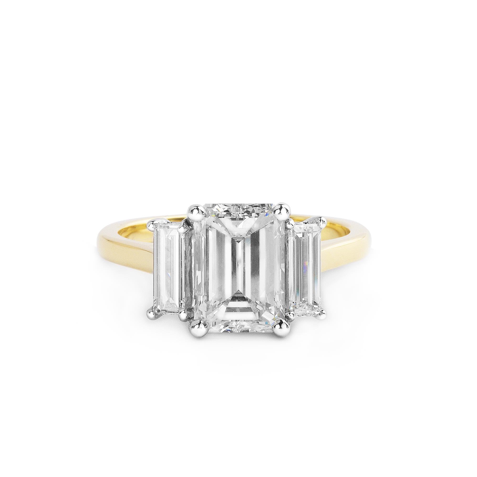 18CT Yellow Gold Emerald Cut Solitaire with Emerald Side Diamonds 2.00 Carats