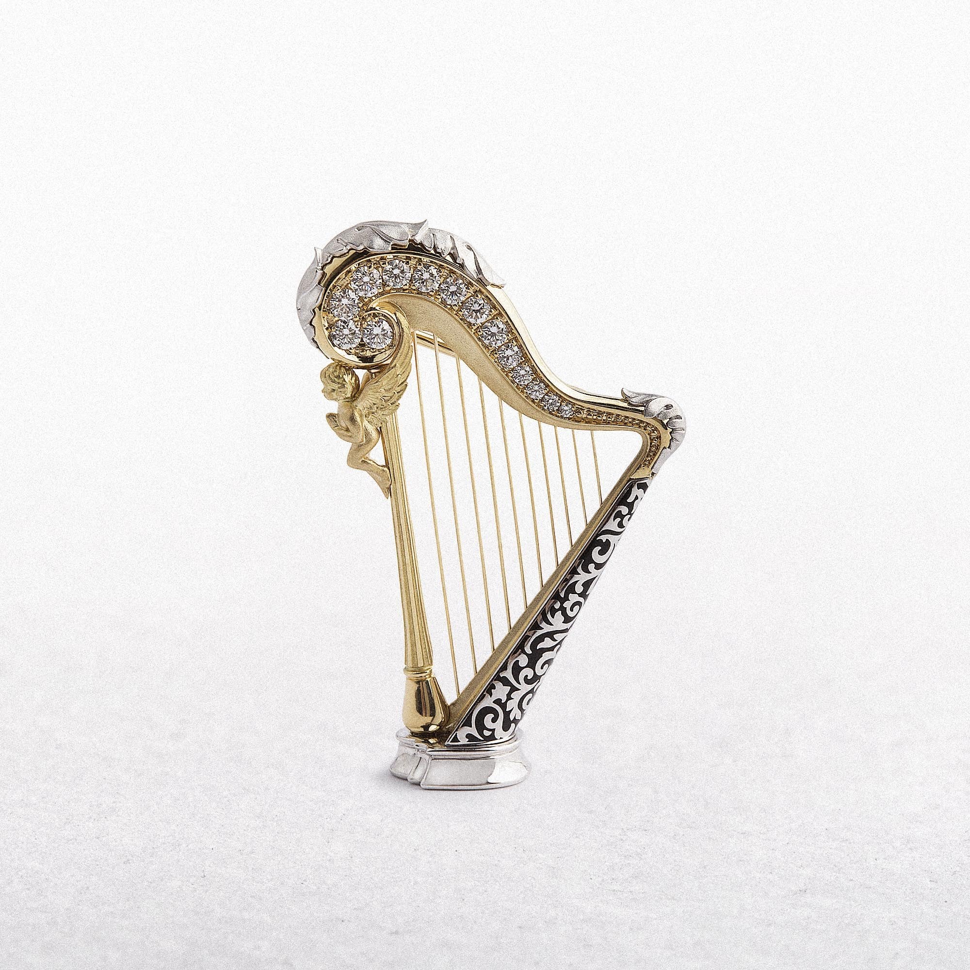 18ct Yellow Gold & Enamel Natural Diamond Harp Brooch