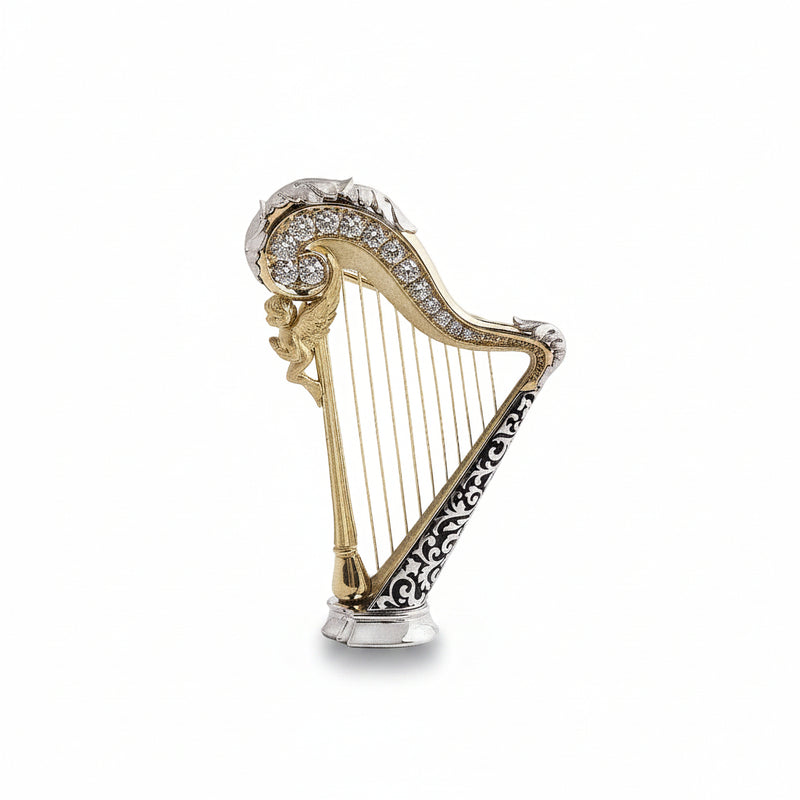 18ct Yellow Gold & Enamel Natural Diamond Harp Brooch