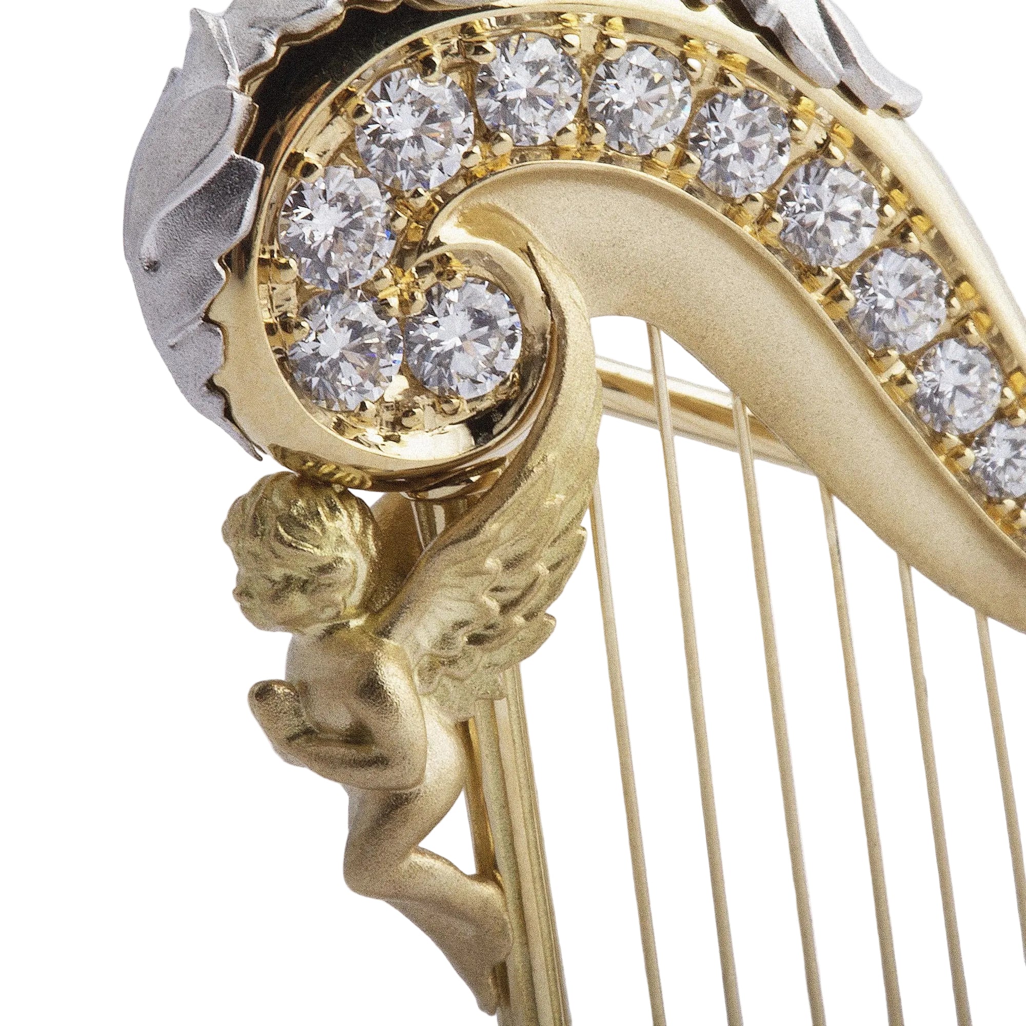 18ct Yellow Gold & Enamel Natural Diamond Harp Brooch