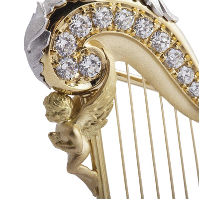 18ct Yellow Gold & Enamel Natural Diamond Harp Brooch
