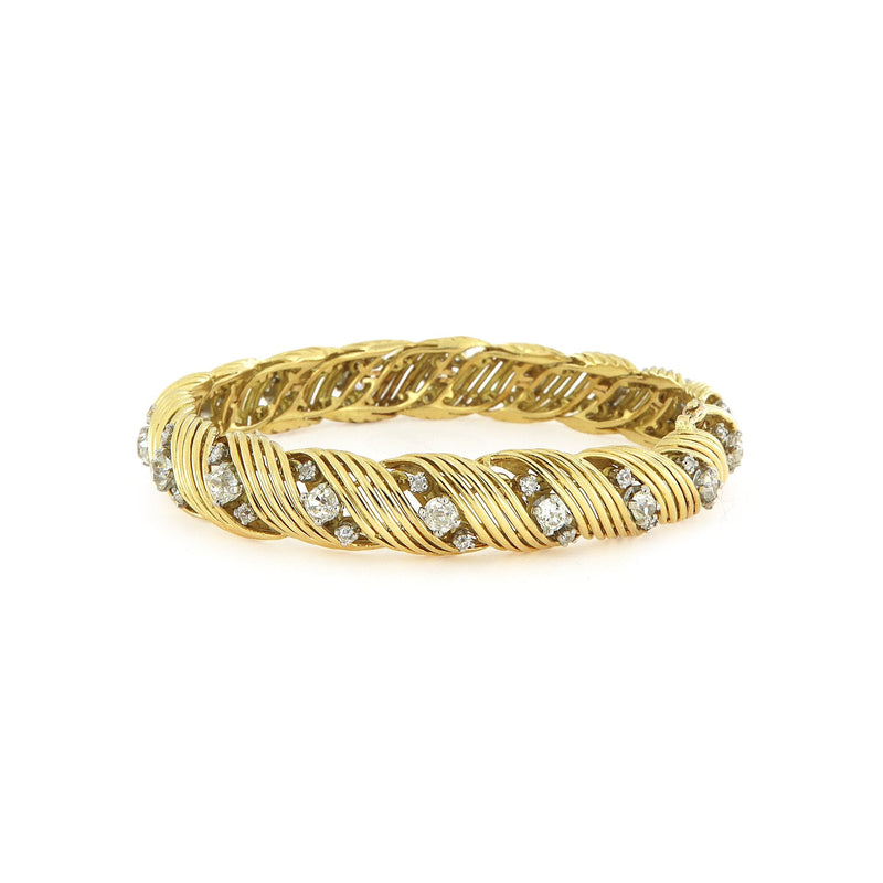 18ct Yellow Gold French Twisted Wire Natural Diamond Set Bracelet