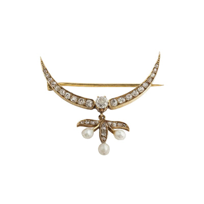 Antique Natural Diamond Pearl Crescent-Shaped Brooch with Seed Pearl Drop in 18ct Yellow Gold