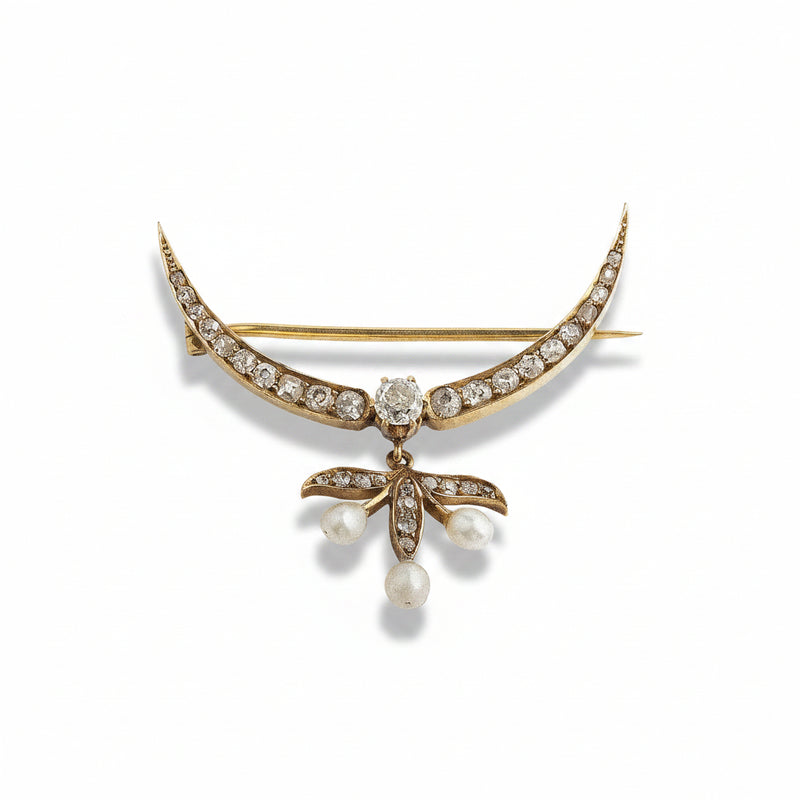 18ct Yellow Gold Natural Diamond Pearl Cresent-Shaped Brooch with Seed Pearl Drop
