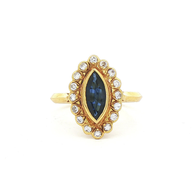 18ct Yellow Gold Natural Sapphire & Diamond Marquise Cut Ring