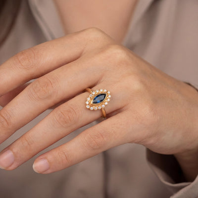 18ct Yellow Gold Natural Sapphire & Diamond Marquise Cut Ring