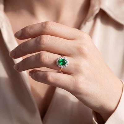 18ct Yellow Gold Oval Emerald 1.61ct & Natural Diamond 1.27ct Cluster Ring