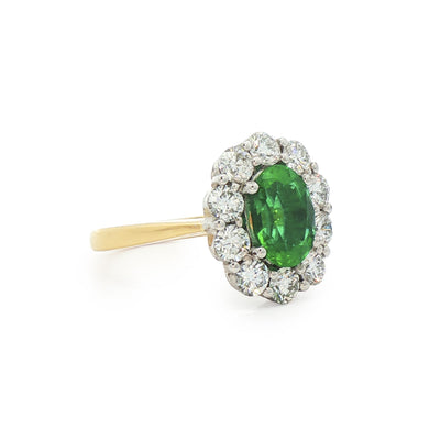 18ct Yellow Gold Oval Emerald 1.61ct & Natural Diamond 1.27ct Cluster Ring