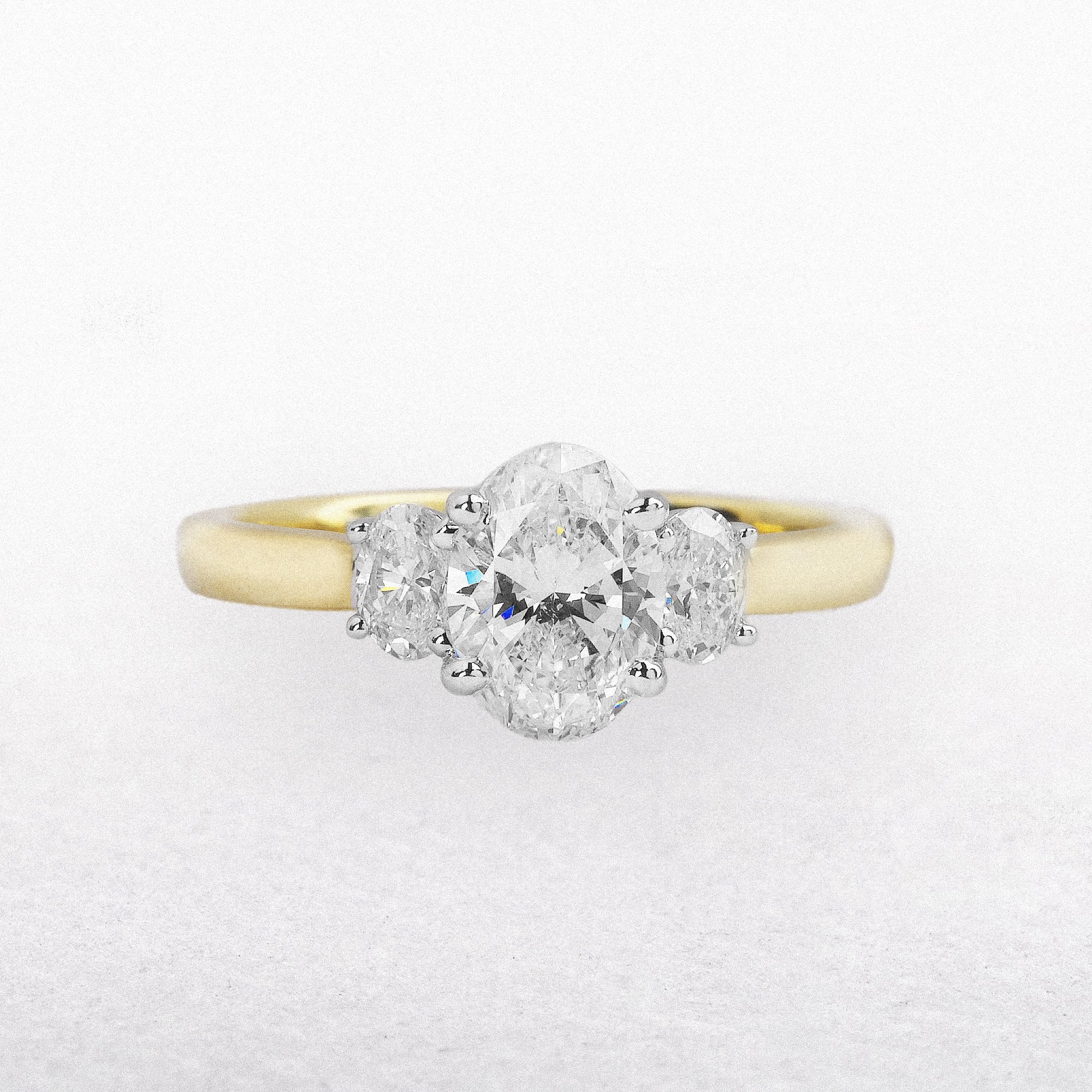 18ct Yellow Gold Oval natural diamond F 1.01ct Si2 @ with two oval side diamonds 0.34