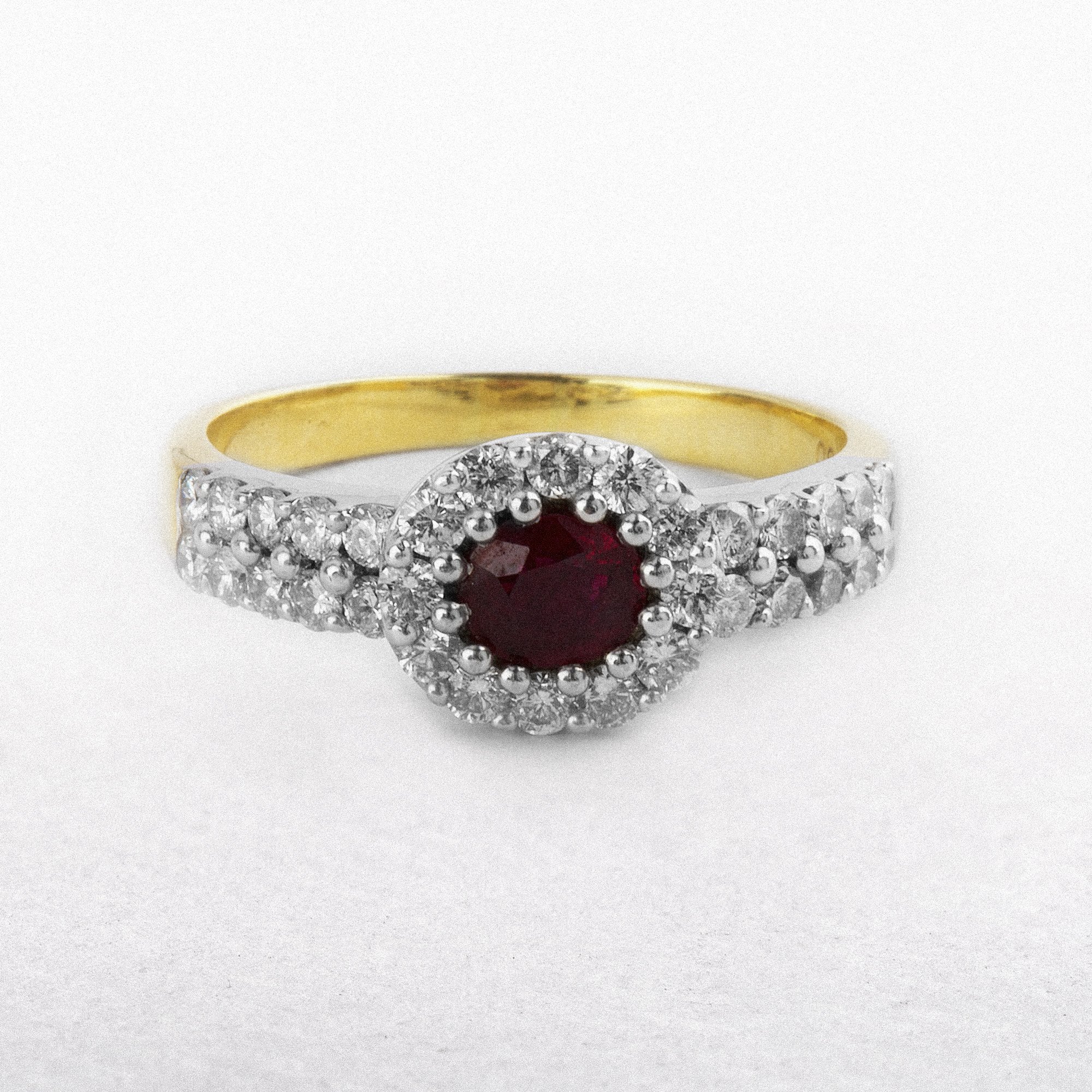 18ct Yellow Gold Oval Ruby and Natural Diamond Cluster Ring Double Row Shoulders