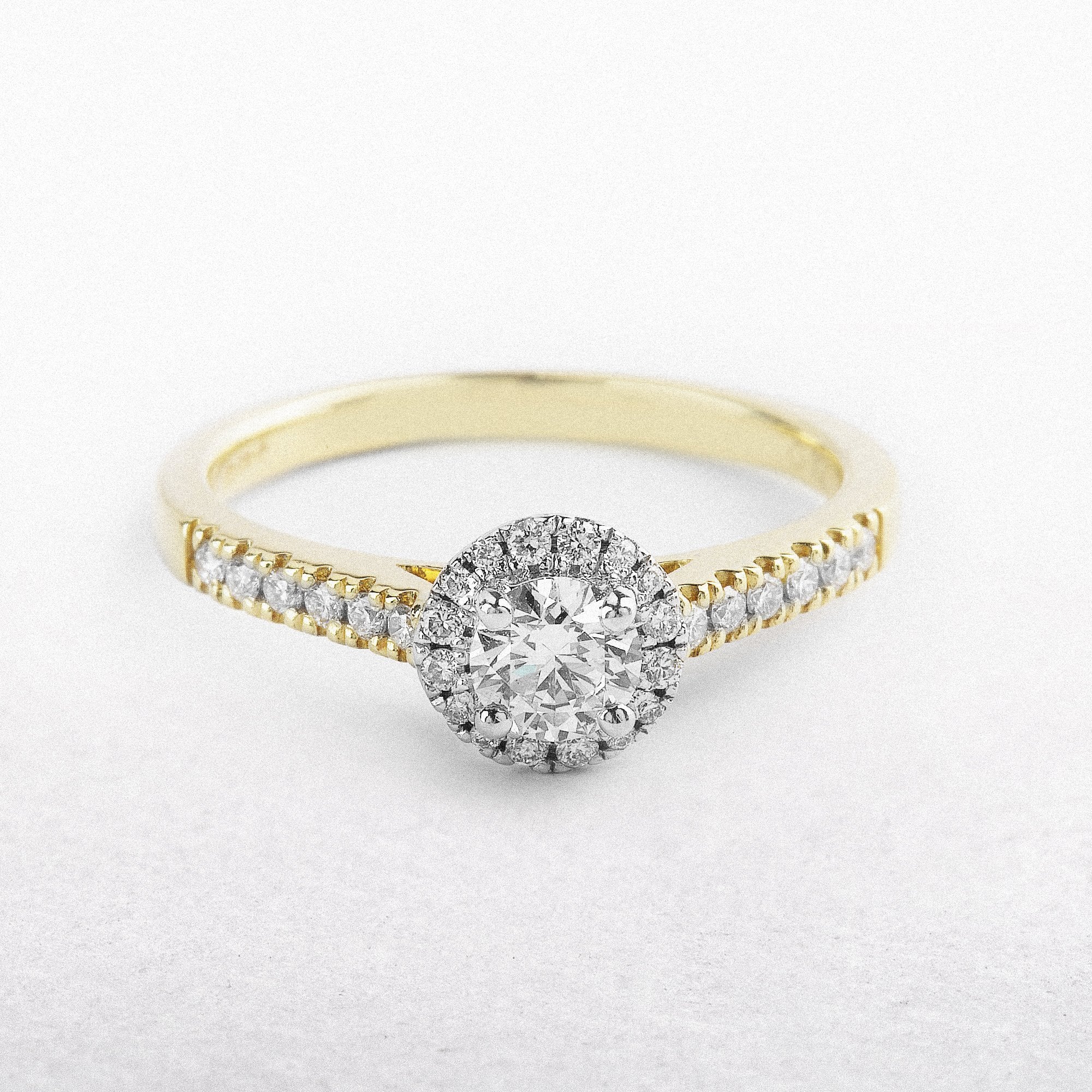 18ct Yellow Gold Round Cut Natural Diamond Halo Engagement Ring with Diamond Shoulders