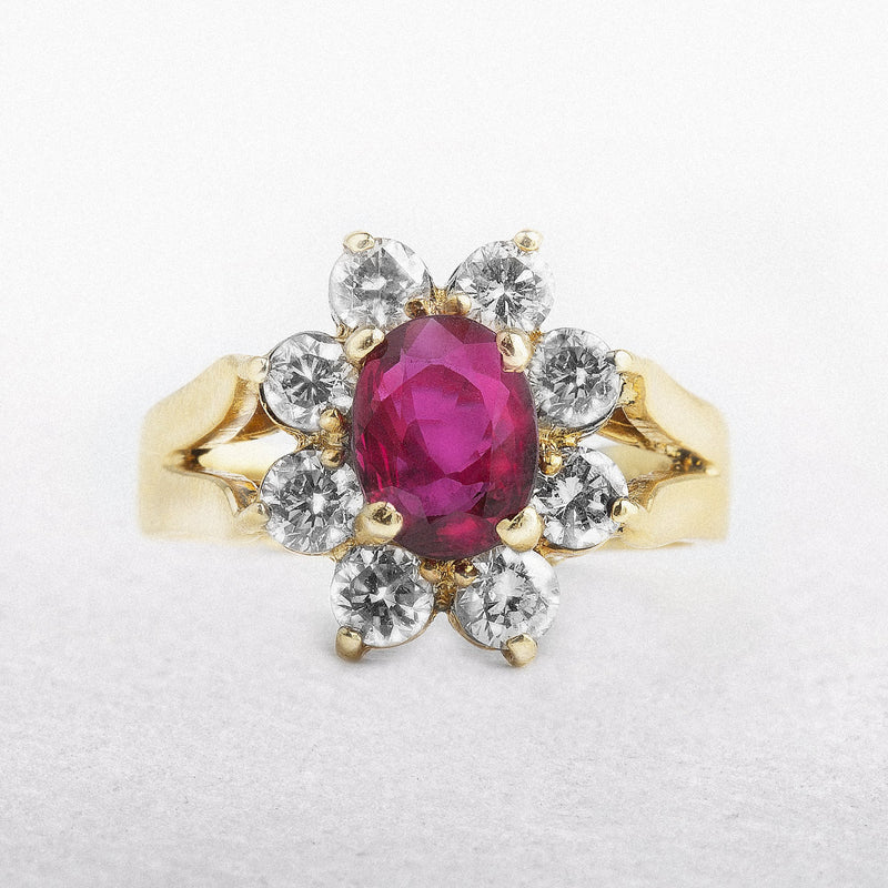 18ct Yellow Gold Ruby and Diamond Cluster Ring