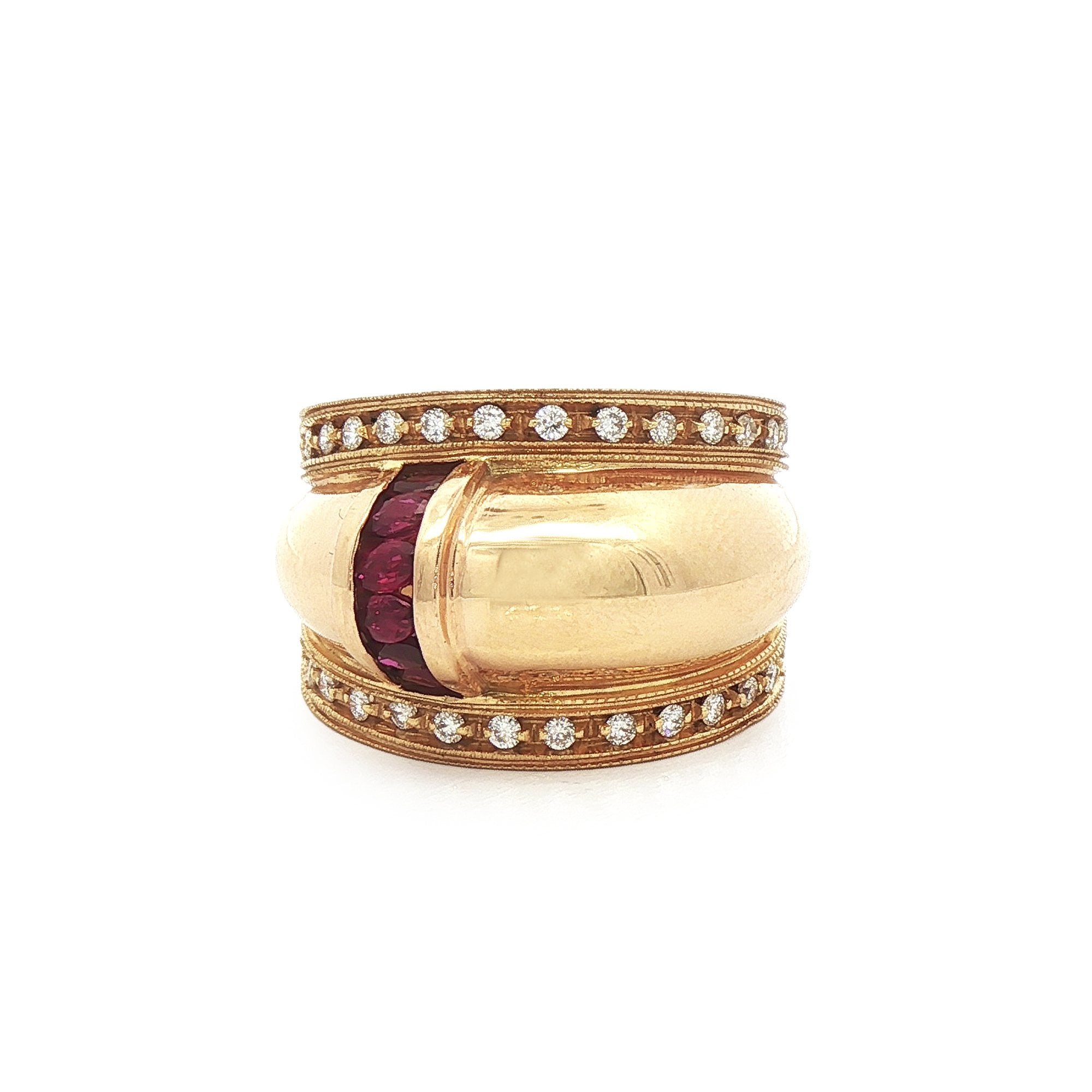 18ct Yellow Gold Vintage Wide Band Ruby and Natural Diamond Dress Ring