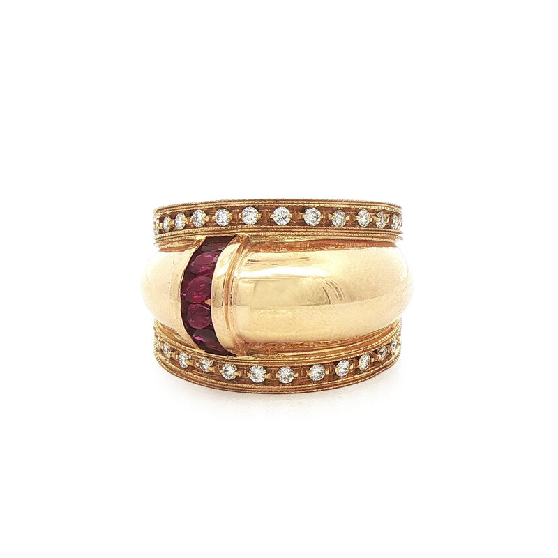 18ct Yellow Gold Vintage Wide Band Ruby and Natural Diamond Dress Ring