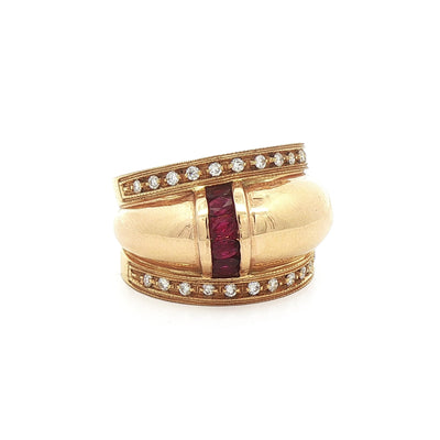 18ct Yellow Gold Vintage Wide Band Ruby and Natural Diamond Dress Ring