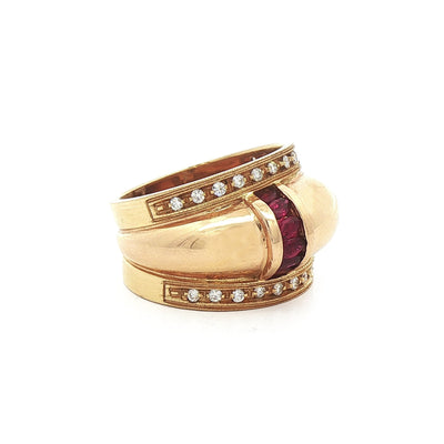 18ct Yellow Gold Vintage Wide Band Ruby and Natural Diamond Dress Ring