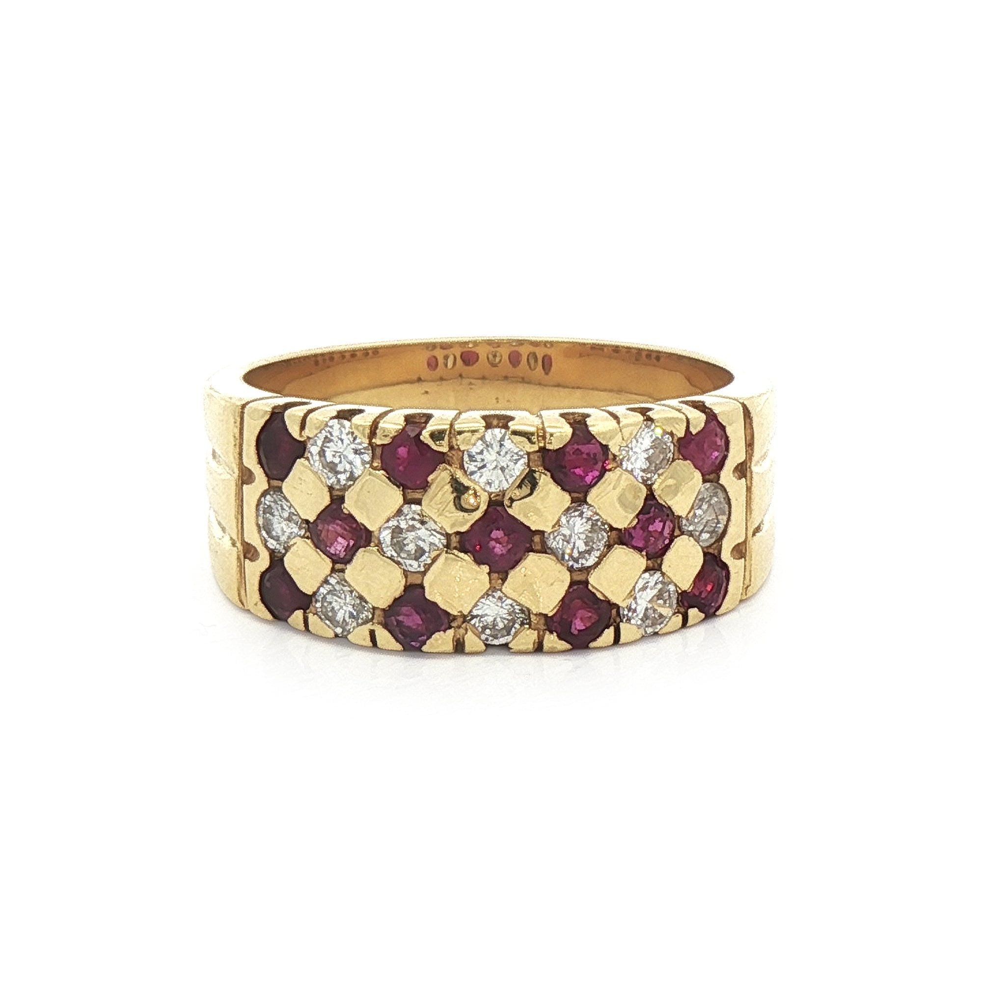 18ct Yellow Vintage Gold Natural Ruby and Diamond Check Style Dress Ring