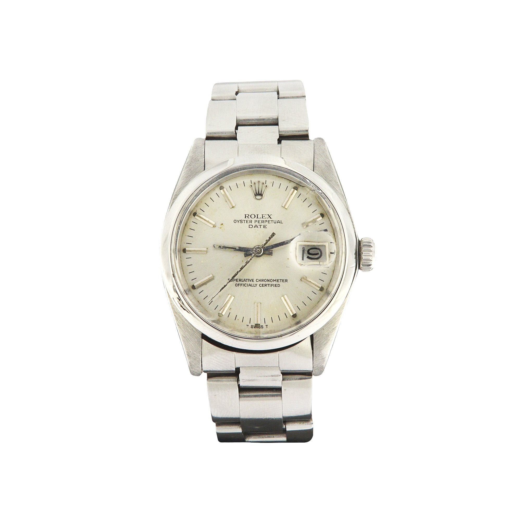 1979 Gents 36mm Rolex Date Oyster Perpetual Silver Dial with Gold Baton Markers & Stainless Steel