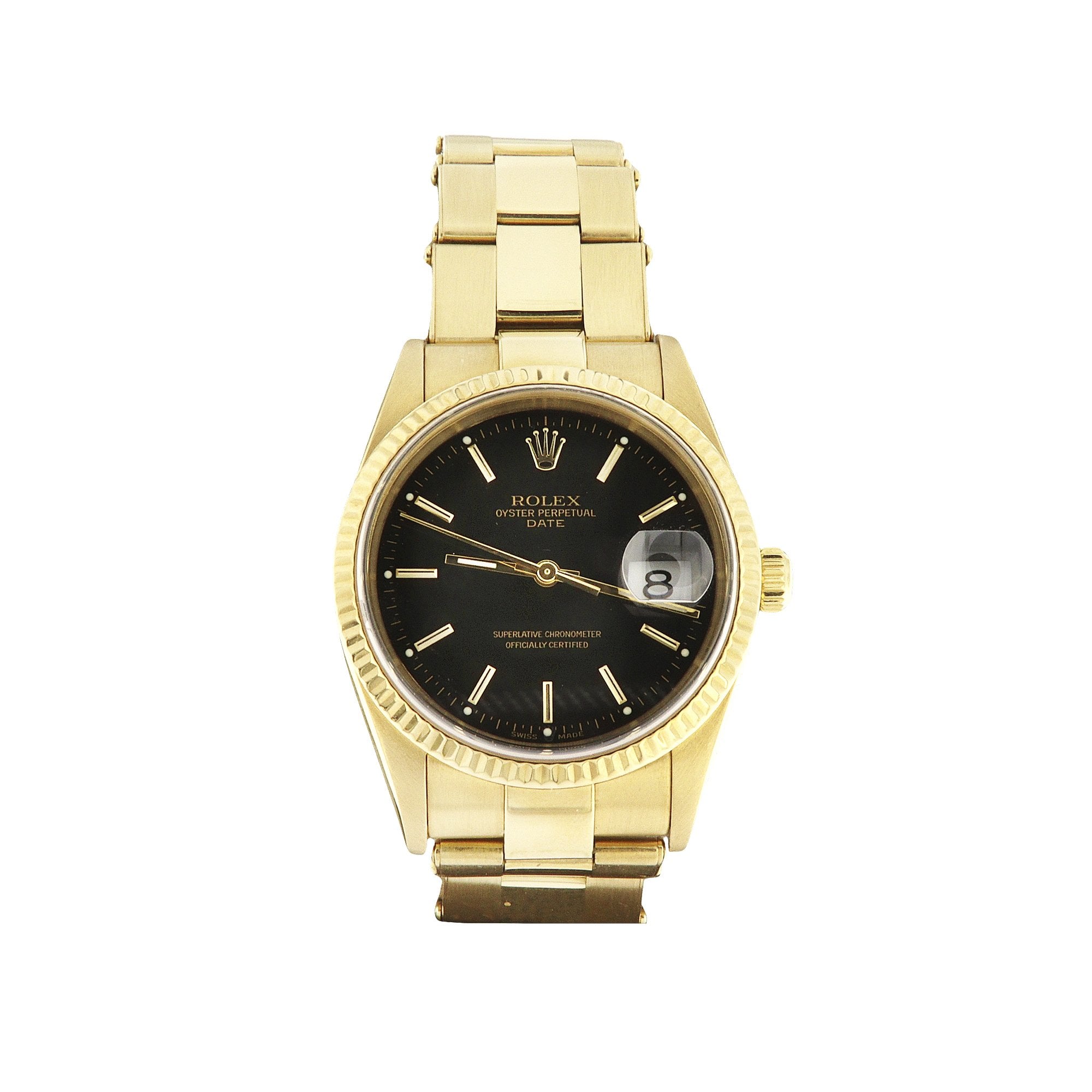 1991 Gents 36mm Rolex Date Just with Black Dial & Gold Bezel on Oyster Bracelet 18ct Yellow Gold