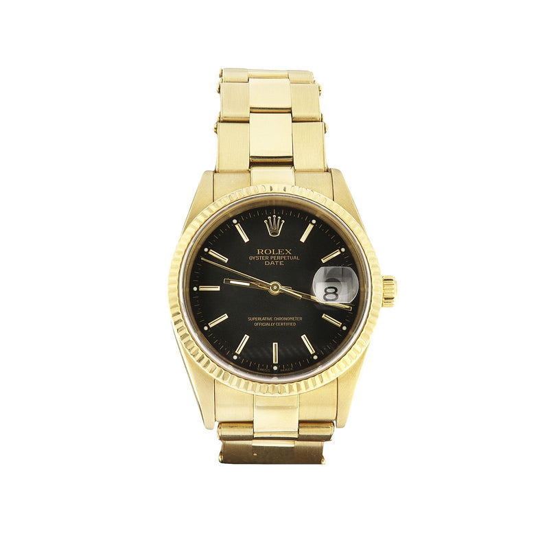 1991 Gents 36mm Rolex Date Just with Black Dial & Gold Bezel on Oyster Bracelet 18ct Yellow Gold