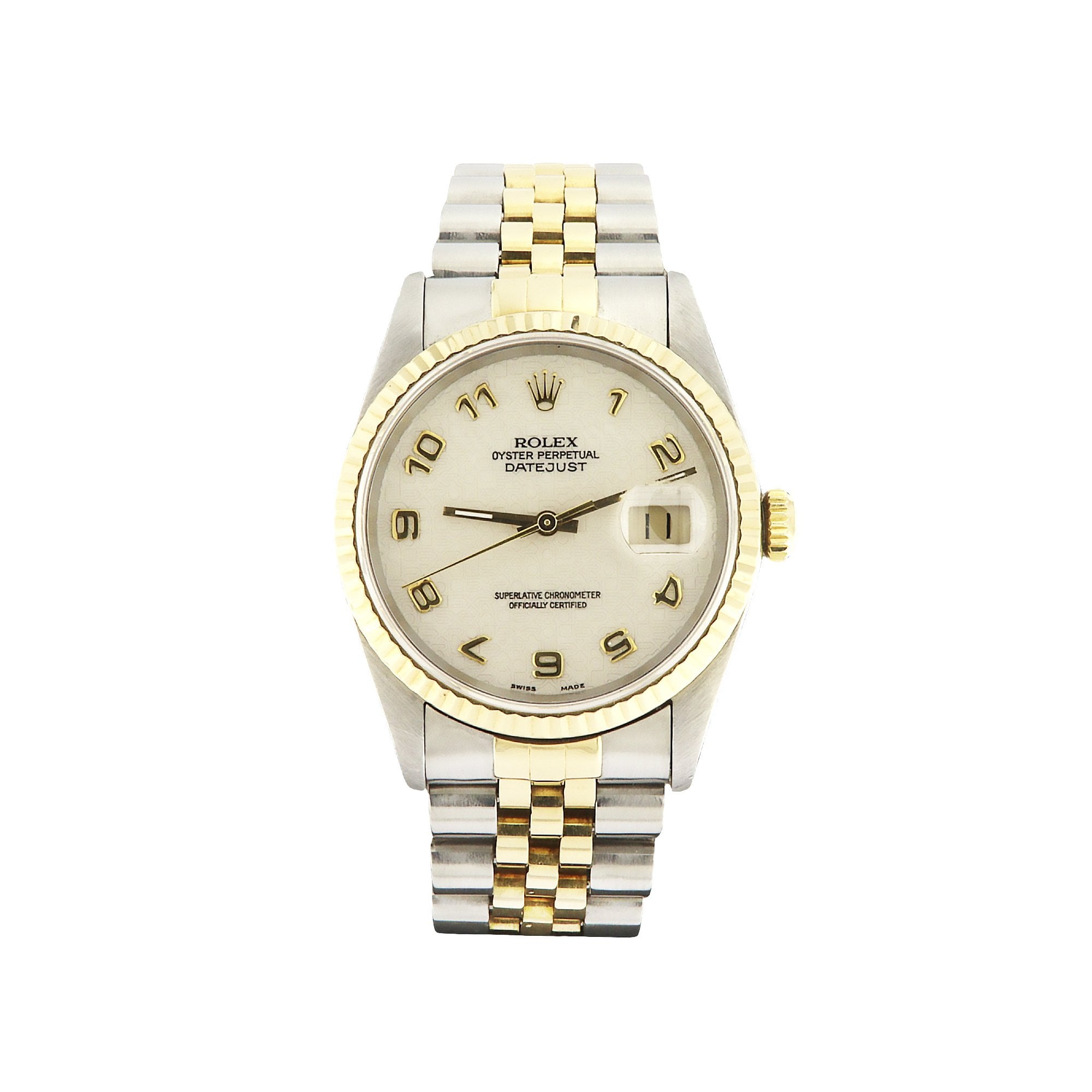 1993 Gents Two Tone Rolex Datejust with Gold Arabic & White Dial on Jubliee Bracelet