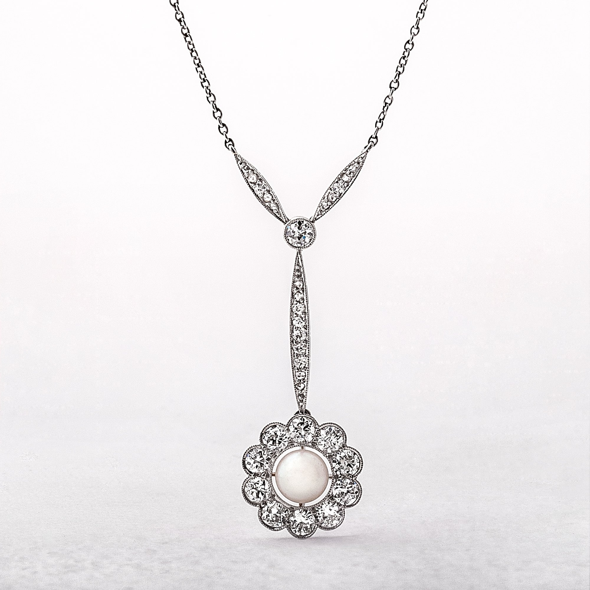 2.00ct Natural Diamond & Pearl Floral Shape Antique Pendant in 14ct White Gold