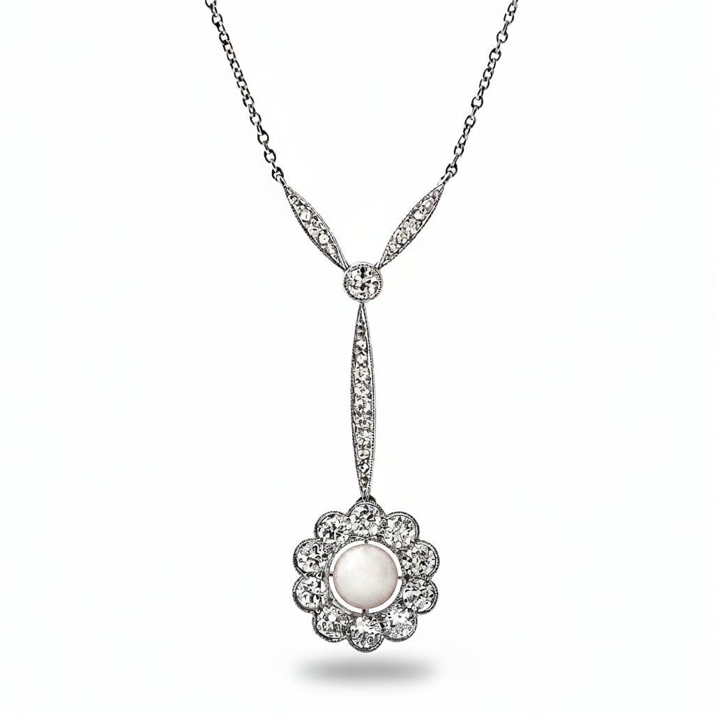 2.00ct Natural Diamond & Pearl Floral Shape Antique Pendant in 14ct White Gold