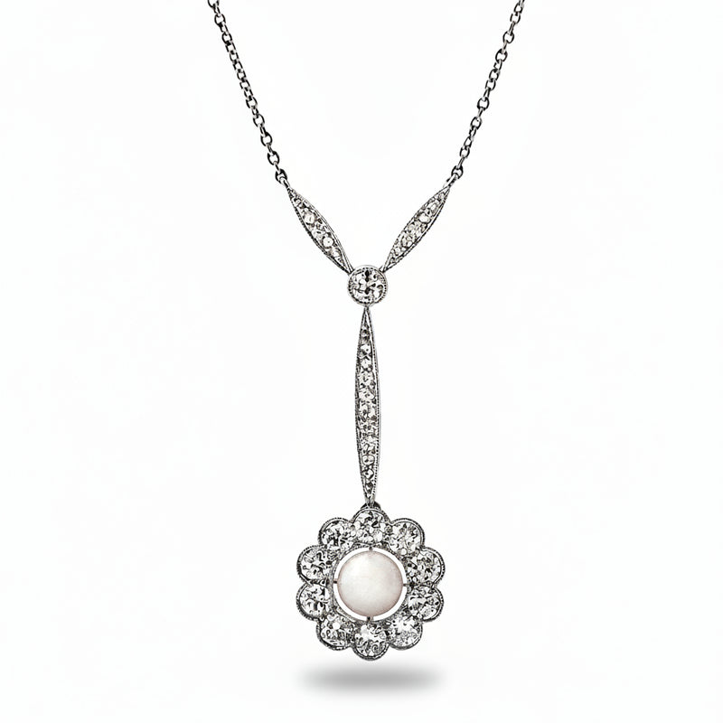 2.00ct Natural Diamond & Pearl Floral Shape Antique Pendant in 14ct White Gold