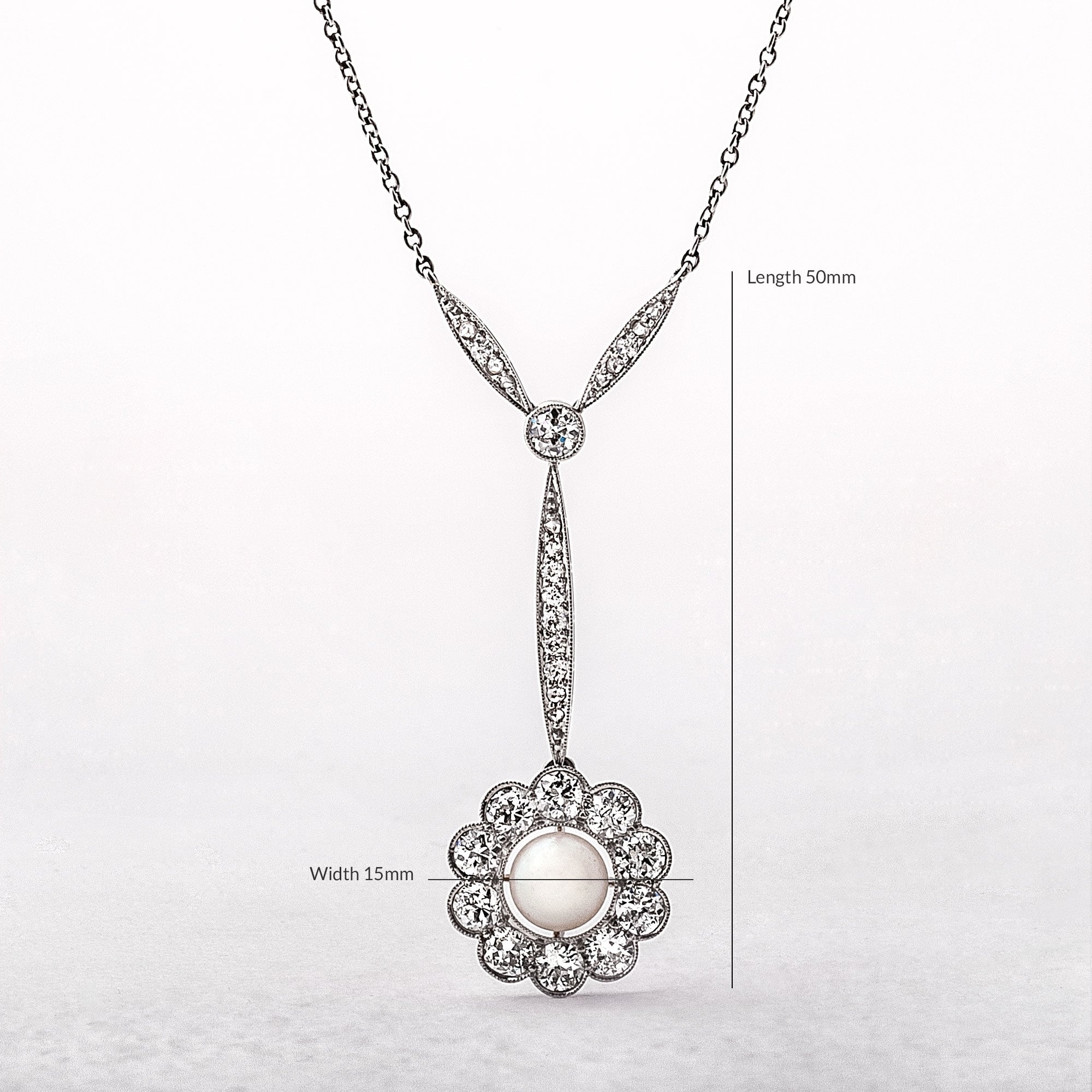 2.00ct Natural Diamond & Pearl Floral Shape Antique Pendant in 14ct White Gold