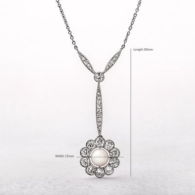 2.00ct Natural Diamond & Pearl Floral Shape Antique Pendant in 14ct White Gold