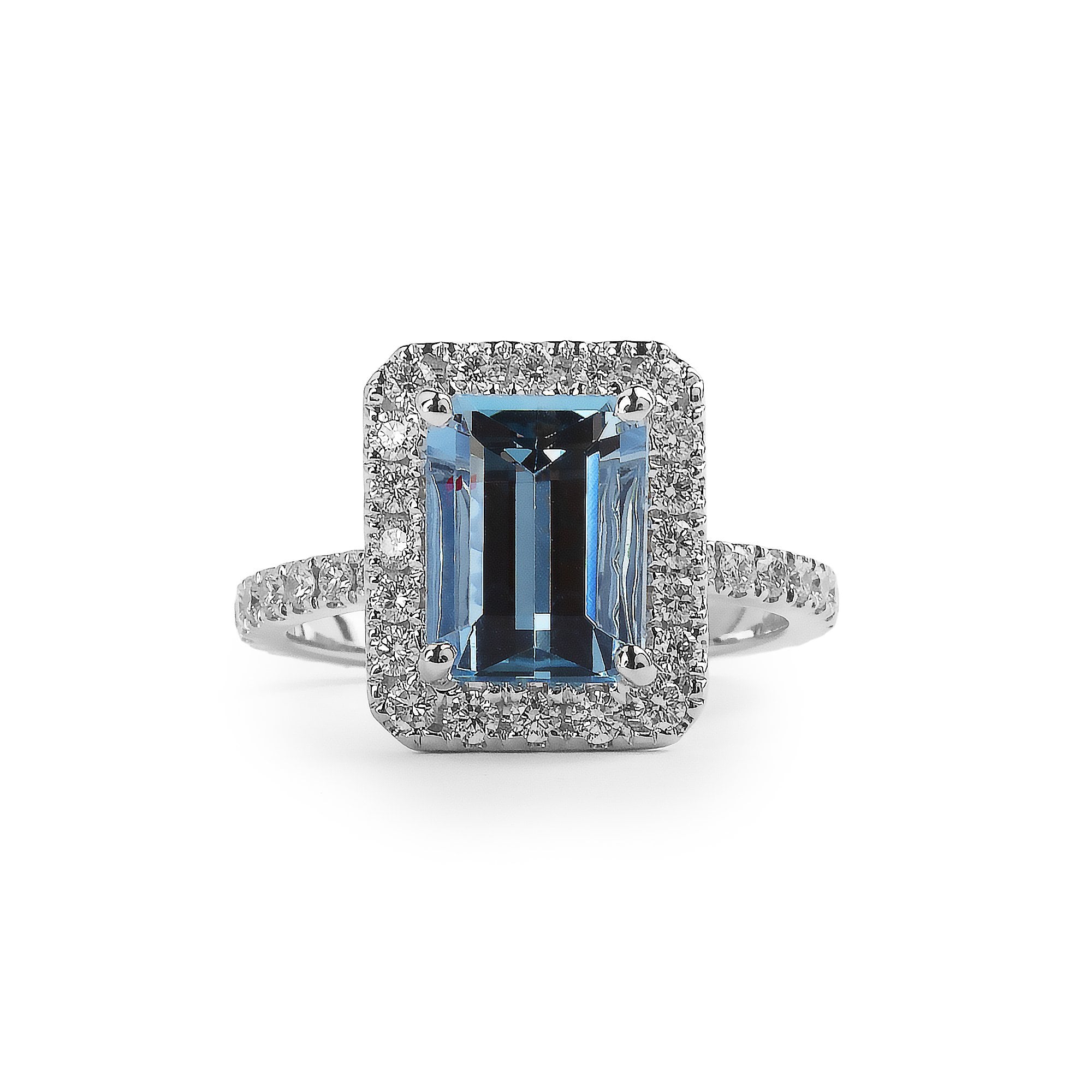 2.01ct Emerald Cut Beryl Aquamarine and Natural Diamond Ring in 18ct White Gold