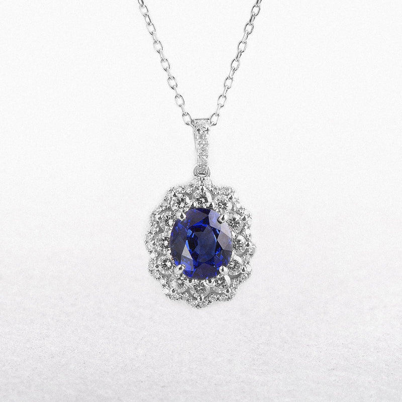 2.06ct Oval Sapphire & 0.77ct Natural Diamond Pendant in 18ct White Gold