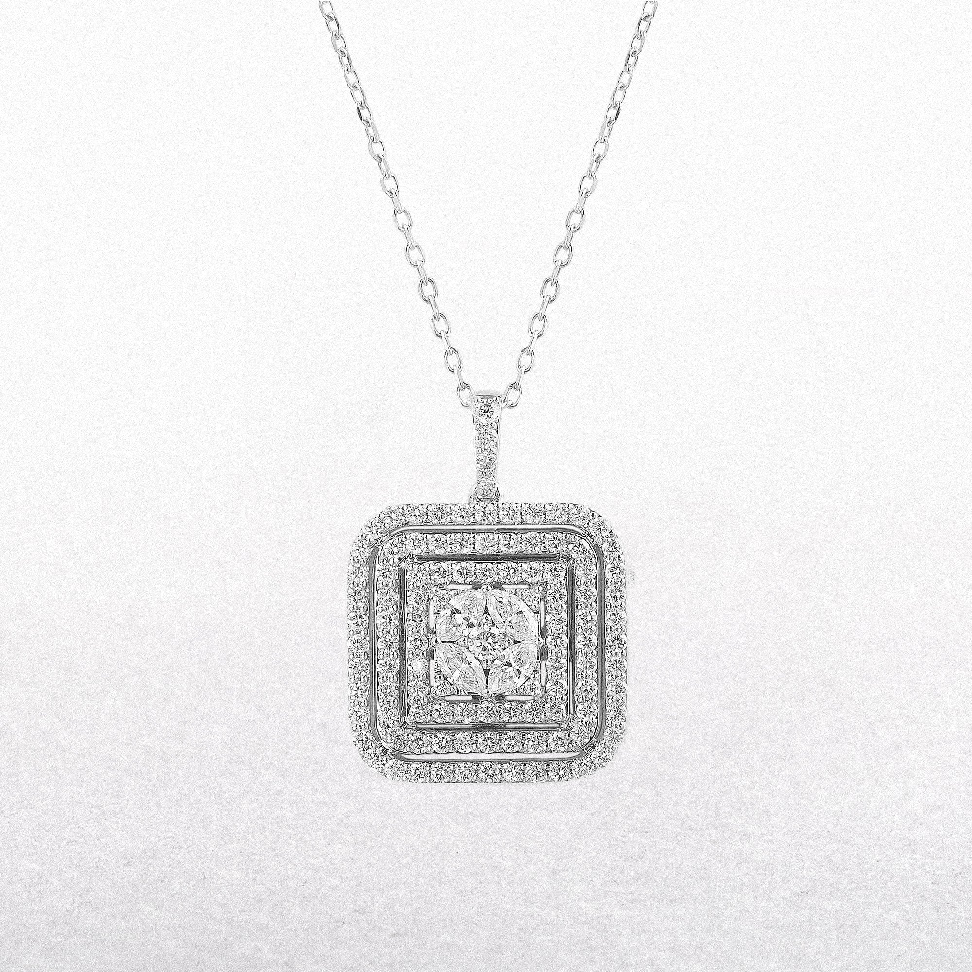 2.08ct Natural Brilliant-Cut & Marquise Diamond Square Triple Halo Pendant in 18ct White Gold