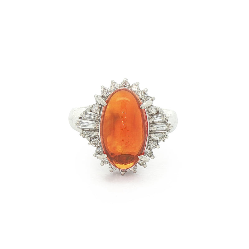 2.10ct Oval Orange Fire Opal & 0.50ct Natural Diamond Baguette Cluster in Platinum