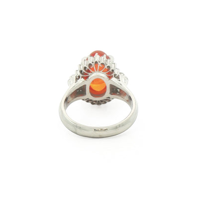 2.10ct Oval Orange Fire Opal & 0.50ct Natural Diamond Baguette Cluster in Platinum