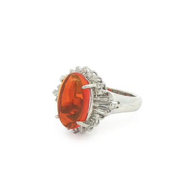 2.10ct Oval Orange Fire Opal & 0.50ct Natural Diamond Baguette Cluster in Platinum