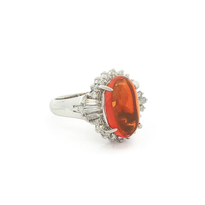 2.10ct Oval Orange Fire Opal & 0.50ct Natural Diamond Baguette Cluster in Platinum