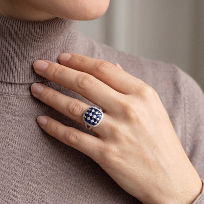 2.25ct Sapphire & 0.93ct Natural Diamond Chequerboard Cocktail Ring in 18ct White Gold