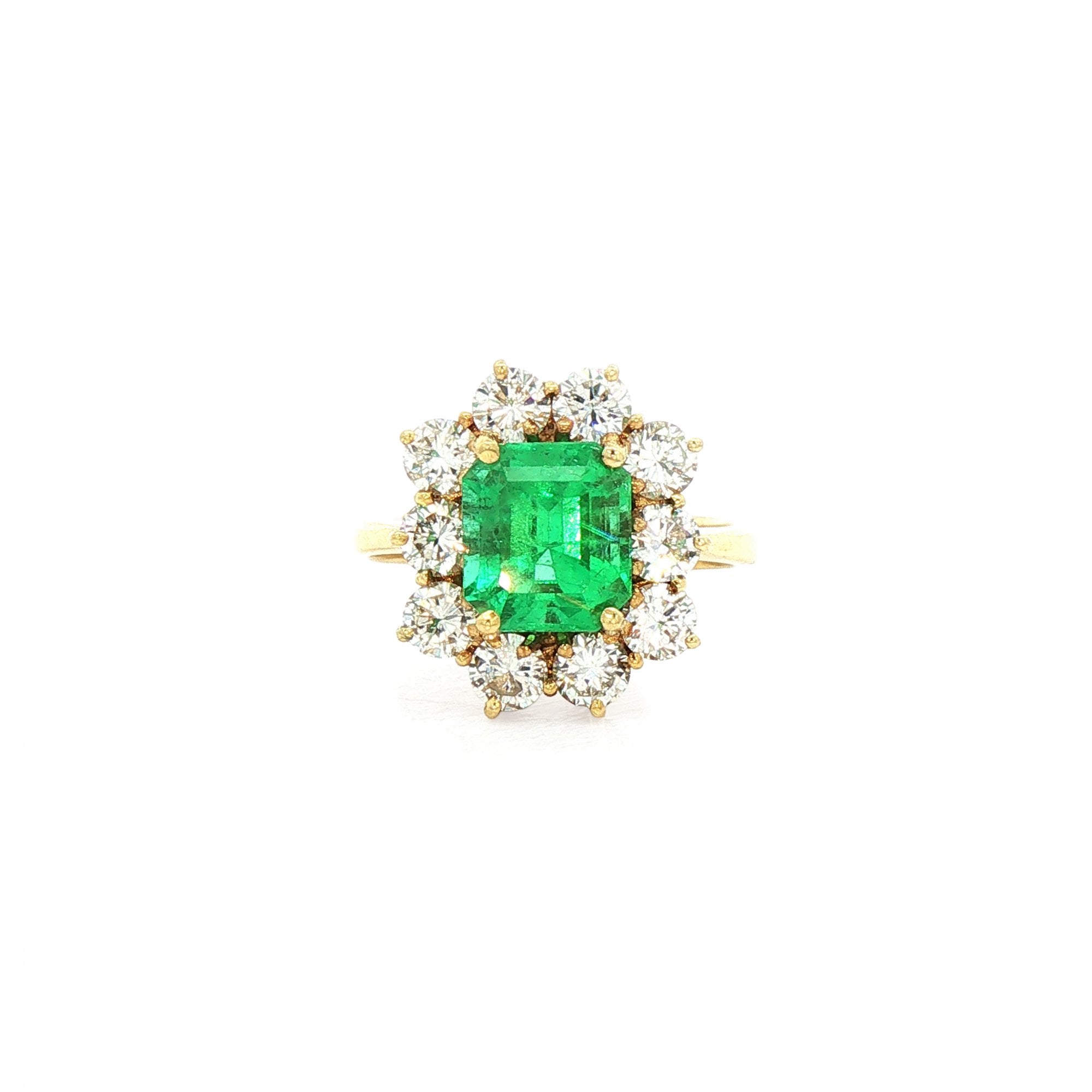 2.30ct Emerald & 1.50ct Natural Diamond Cluster Ring in 18ct Yellow Gold