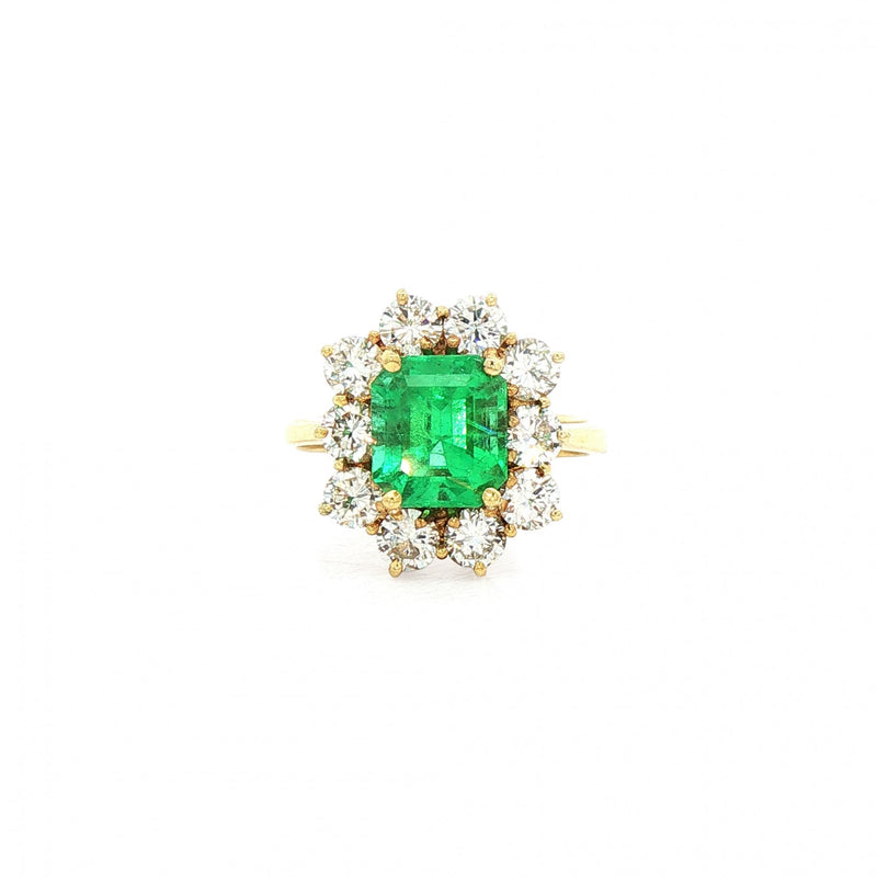 2.30ct Emerald & 1.50ct Natural Diamond Cluster Ring in 18ct Yellow Gold