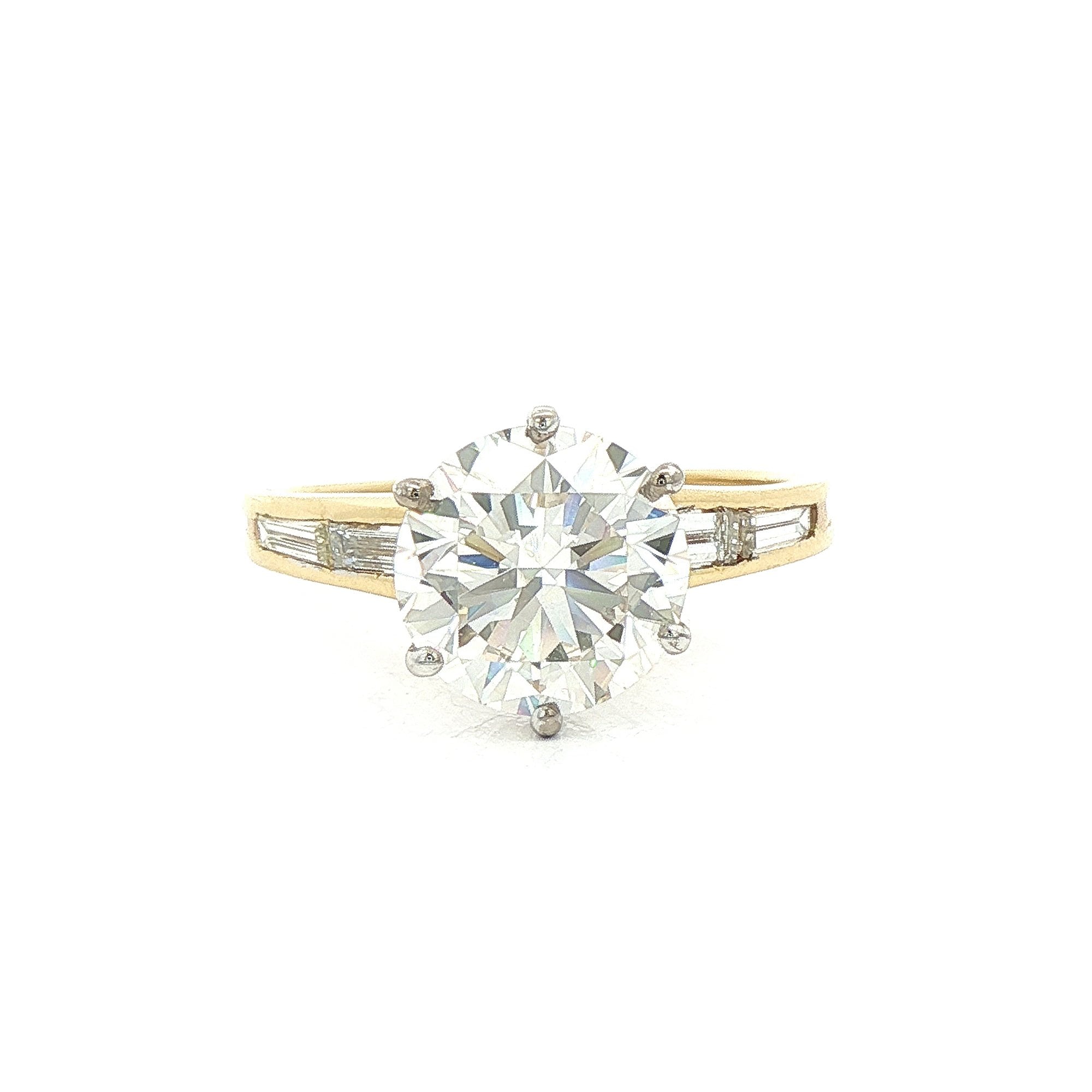 2.52ct J VS1 Natural Diamond Six Claw Solitaire & Baguette Shoulders in 18ct Yellow Gold