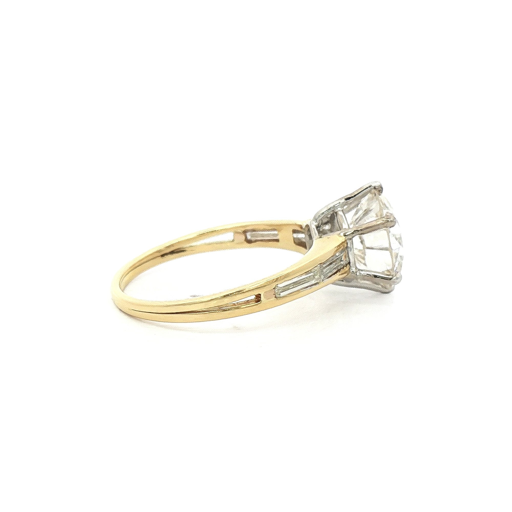 2.52ct J VS1 Natural Diamond Six Claw Solitaire & Baguette Shoulders in 18ct Yellow Gold