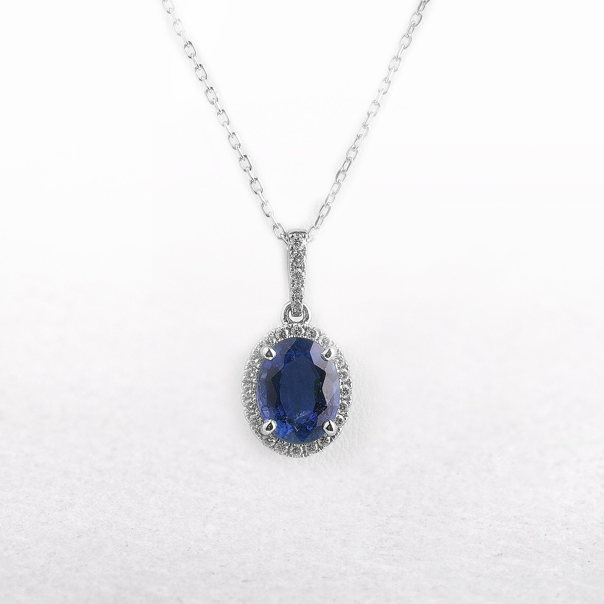 2.54ct Oval Sapphire & 0.20ct Natural Diamond Pendant in 18ct White Gold