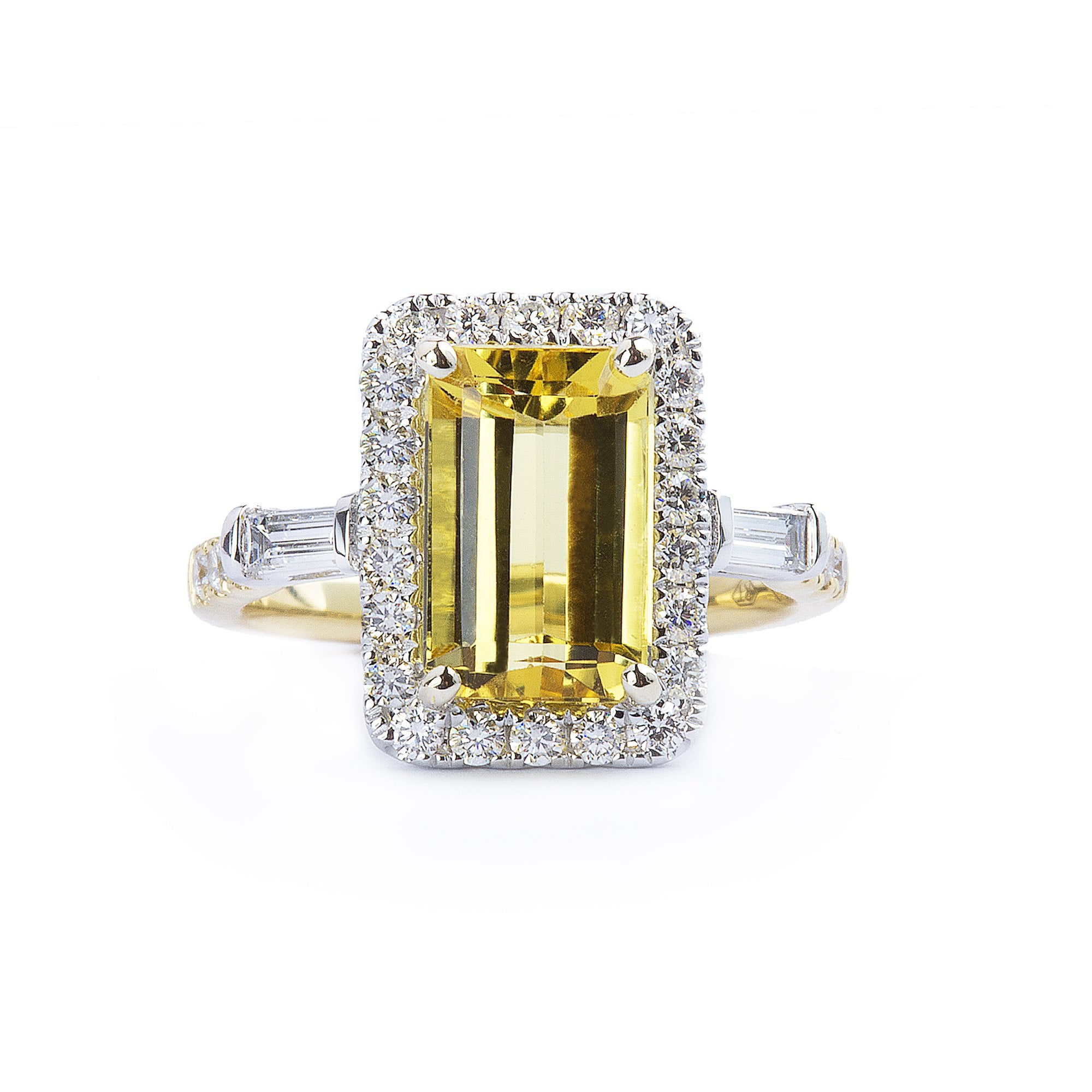 2.77ct Emerald Cut Yellow Beryl & 0.63ct Natural Diamond Halo & Shoulders In 18ct Yellow Gold