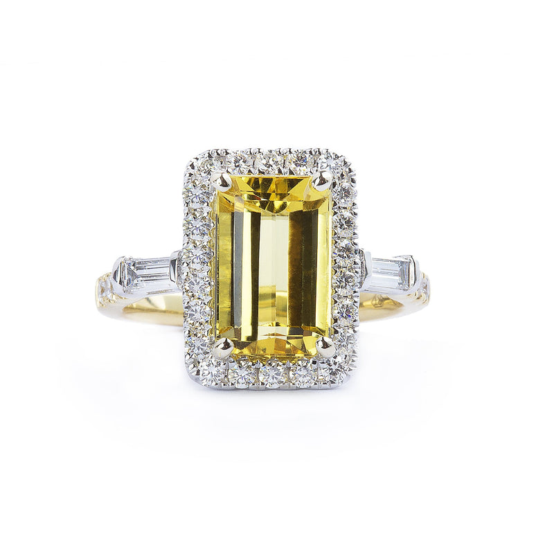 2.77ct Emerald Cut Yellow Beryl & 0.63ct Natural Diamond Halo & Shoulders In 18ct Yellow Gold